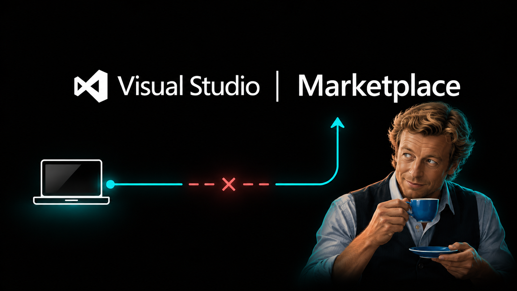 Patrick Jane, une tasse de thé à la main, observe la connexion instable entre un PC et le logo Visual Studio Marketplace